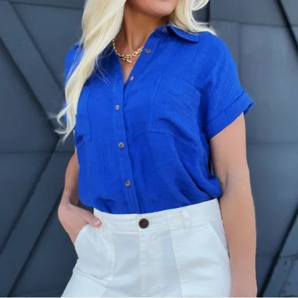 Blu Pepper | Tops | Solid Fold Sleeves Button Down In Royal Blue | Poshmark